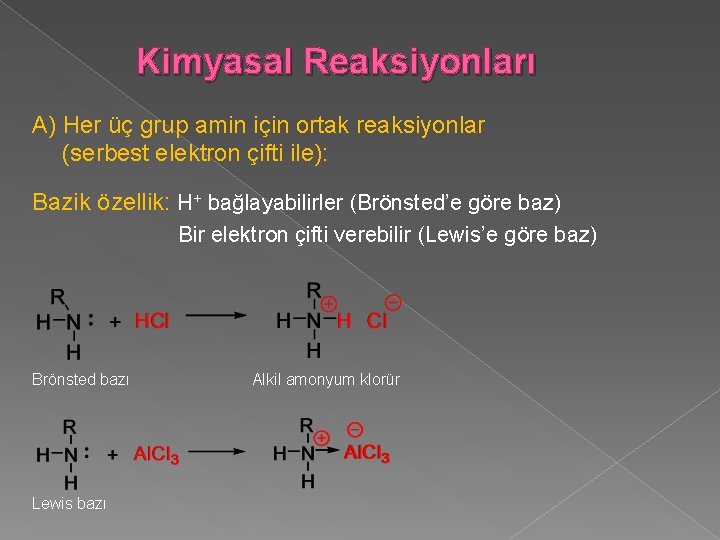 Kimyasal Reaksiyonları A) Her üç grup amin için ortak reaksiyonlar (serbest elektron çifti ile):