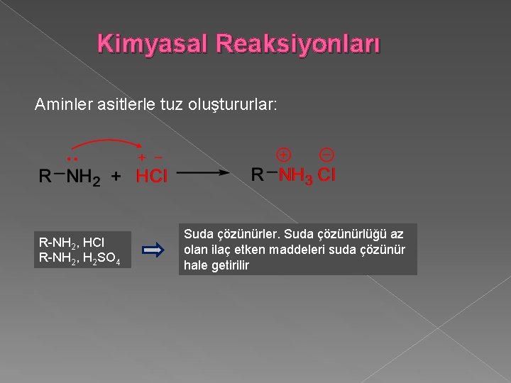 Kimyasal Reaksiyonları Aminler asitlerle tuz oluştururlar: R-NH 2, HCl R-NH 2, H 2 SO