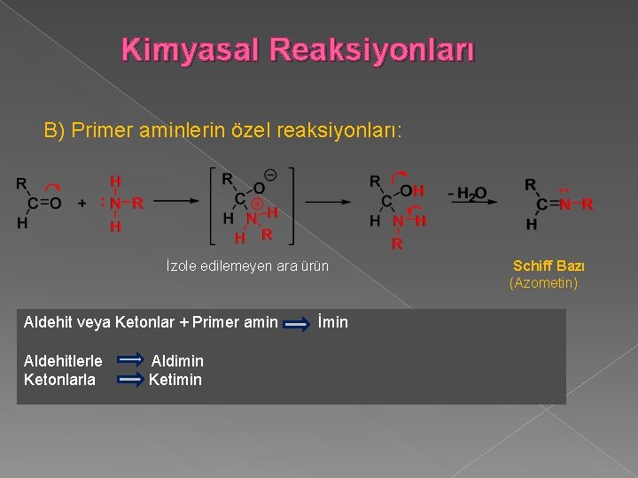 Kimyasal Reaksiyonları B) Primer aminlerin özel reaksiyonları: İzole edilemeyen ara ürün Aldehit veya Ketonlar
