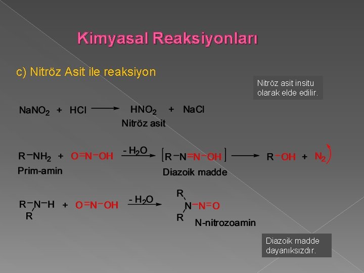 Kimyasal Reaksiyonları c) Nitröz Asit ile reaksiyon Nitröz asit insitu olarak elde edilir. Diazoik