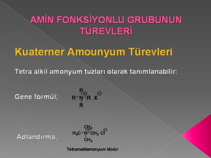 AMİN FONKSİYONLU GRUBUNUN TÜREVLERİ Kuaterner Amounyum Türevleri Tetra alkil amonyum tuzları olarak tanımlanabilir: Gene