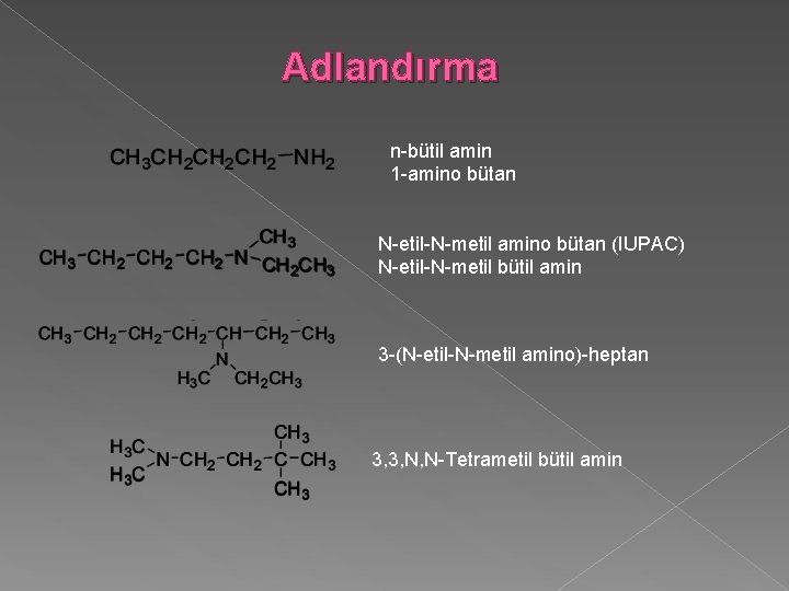 Adlandırma n-bütil amin 1 -amino bütan N-etil-N-metil amino bütan (IUPAC) N-etil-N-metil bütil amin 3