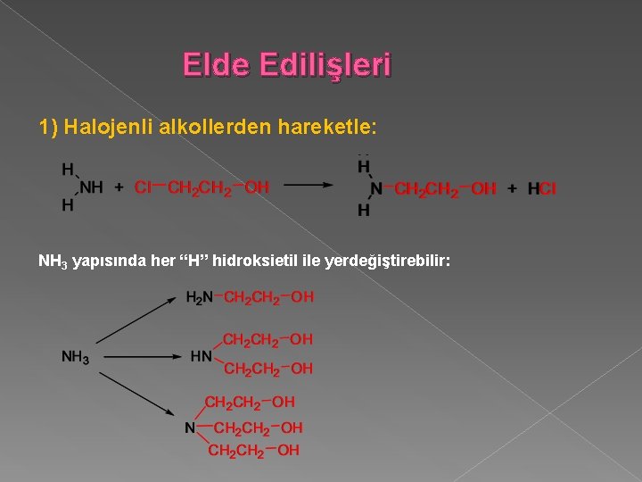 Elde Edilişleri 1) Halojenli alkollerden hareketle: NH 3 yapısında her “H” hidroksietil ile yerdeğiştirebilir: