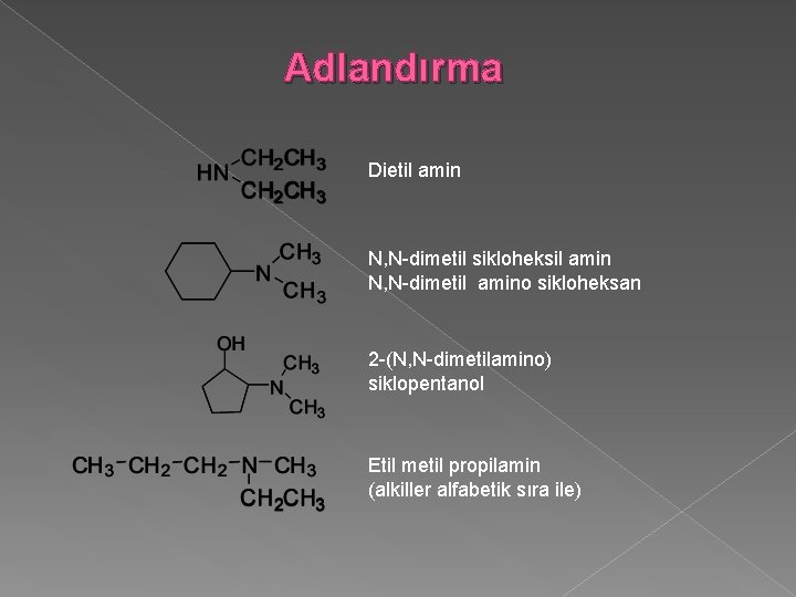 Adlandırma Dietil amin N, N-dimetil sikloheksil amin N, N-dimetil amino sikloheksan 2 -(N, N-dimetilamino)