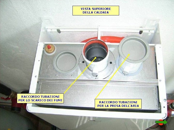 VISTA SUPERIORE DELLA CALDAIA RACCORDO TUBAZIONI PER LO SCARICO DEI FUMI RACCORDO TUBAZIONI PER