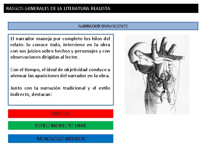 RASGOS GENERALES DE LA LITERATURA REALISTA NARRADOR OMNISCIENTE El narrador maneja por completo los RASGOS GENERALES DE LA LITERATURA REALISTA NARRADOR OMNISCIENTE El narrador maneja por completo los