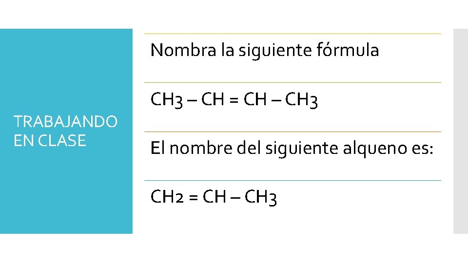 Nombra la siguiente fórmula CH 3 – CH = CH – CH 3 TRABAJANDO