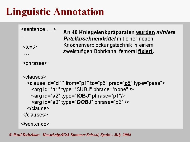 Linguistic Annotation <sentence … > … An 40 Kniegelenkpräparaten wurden mittlere Patellarsehnendrittel mit einerligament