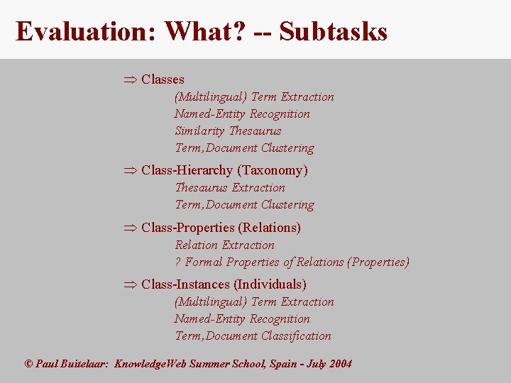 Evaluation: What? -- Subtasks Þ Classes (Multilingual) Term Extraction Named-Entity Recognition Similarity Thesaurus Term,