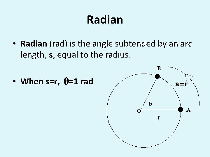 Radian • Radian (rad) is the angle subtended by an arc length, s, equal