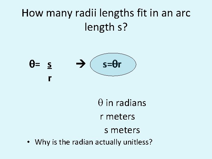 How many radii lengths fit in an arc length s? q= s r s=qr