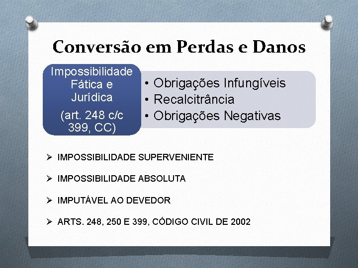 Conversão em Perdas e Danos Impossibilidade • Obrigações Infungíveis Fática e Jurídica • Recalcitrância