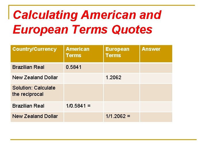 Calculating American and European Terms Quotes Country/Currency American Terms Brazilian Real 0. 5841 New