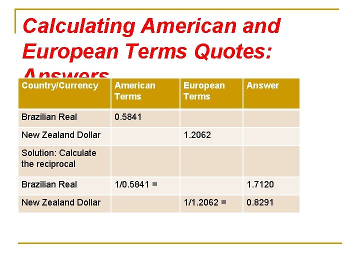 Calculating American and European Terms Quotes: Answers American European Answer Country/Currency Terms Brazilian Real