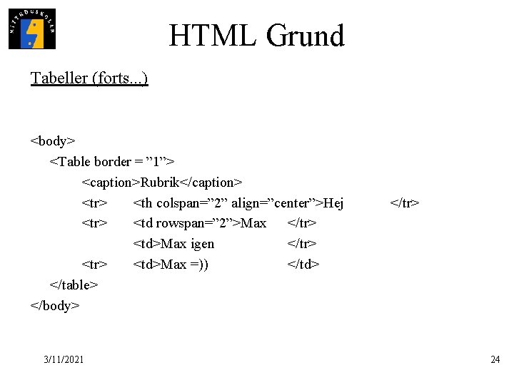 HTML Grund Tabeller (forts. . . ) <body> <Table border = ” 1”> <caption>Rubrik</caption>