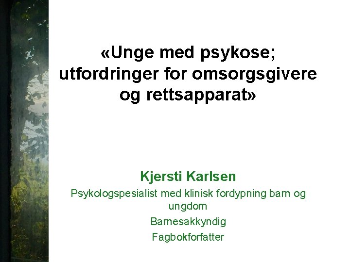  «Unge med psykose; utfordringer for omsorgsgivere og rettsapparat» Kjersti Karlsen Psykologspesialist med klinisk