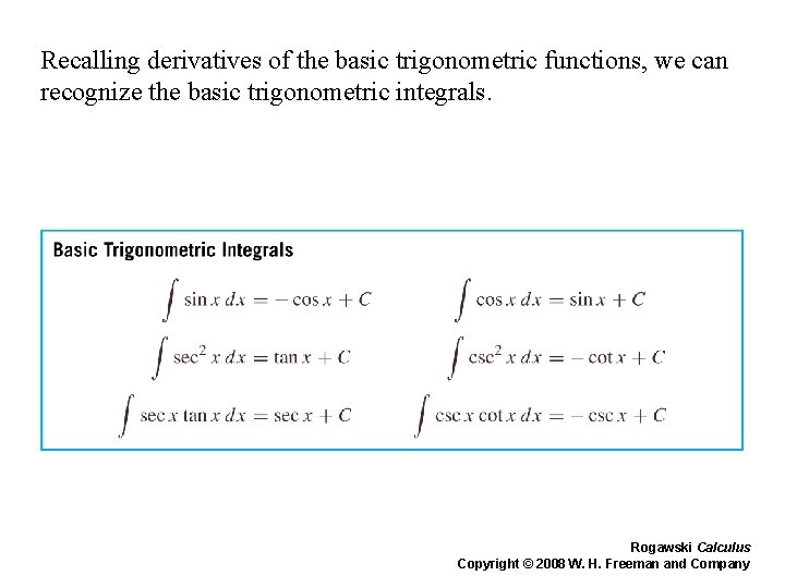 Recalling derivatives of the basic trigonometric functions, we can recognize the basic trigonometric integrals.