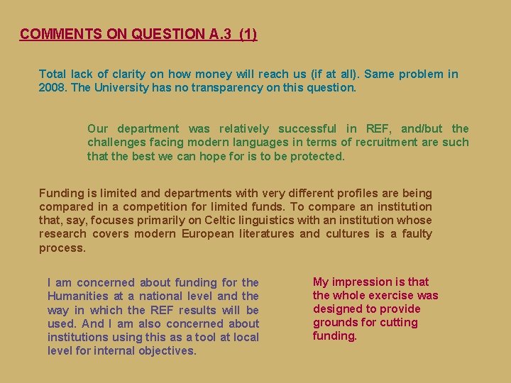 COMMENTS ON QUESTION A. 3 (1) Total lack of clarity on how money will