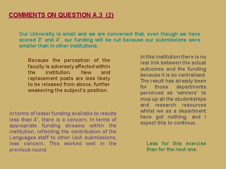 COMMENTS ON QUESTION A. 3 (2) Our University is small and we are concerned