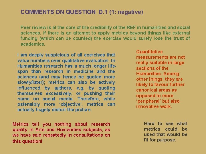 COMMENTS ON QUESTION D. 1 (1: negative) Peer review is at the core of