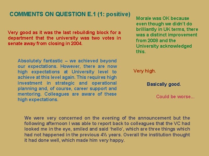 COMMENTS ON QUESTION E. 1 (1: positive) Very good as it was the last