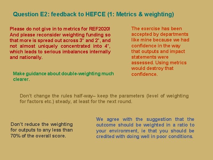 Question E 2: feedback to HEFCE (1: Metrics & weighting) Please do not give