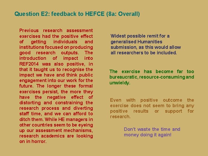 Question E 2: feedback to HEFCE (8 a: Overall) Previous research assessment exercises had