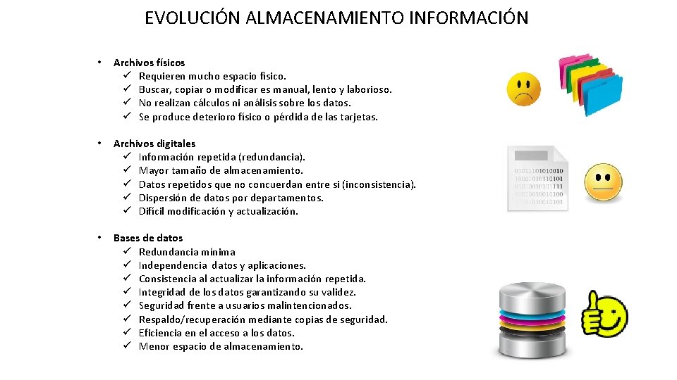 EVOLUCIÓN ALMACENAMIENTO INFORMACIÓN • Archivos físicos ü Requieren mucho espacio físico. ü Buscar, copiar