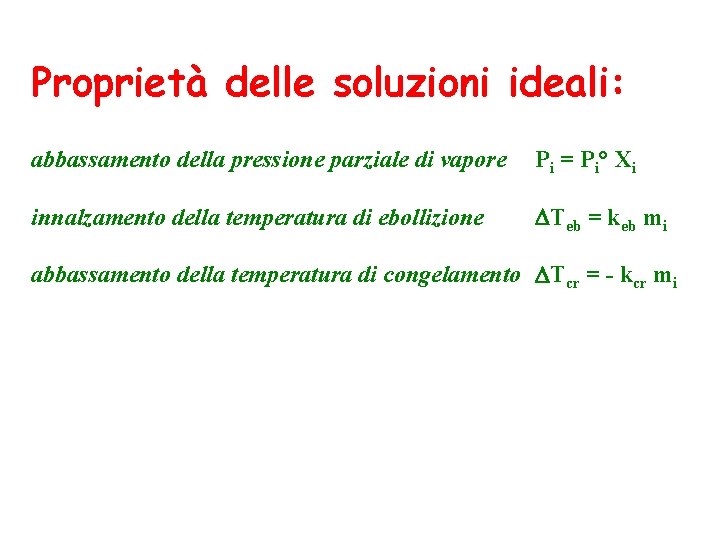 Proprietà delle soluzioni ideali: abbassamento della pressione parziale di vapore P i = P