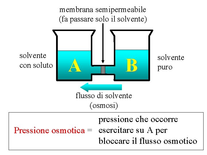 membrana semipermeabile (fa passare solo il solvente) solvente con soluto A B solvente puro