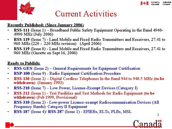 Current Activities Recently Published: (Since January 2006) • RSS-111 (Issue 1) – Broadband Public