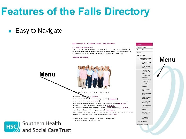 Features of the Falls Directory l Easy to Navigate Menu 