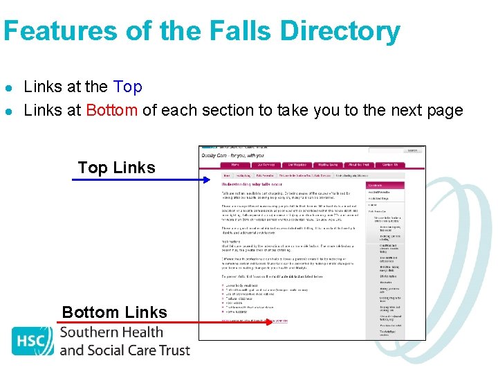 Features of the Falls Directory l l Links at the Top Links at Bottom