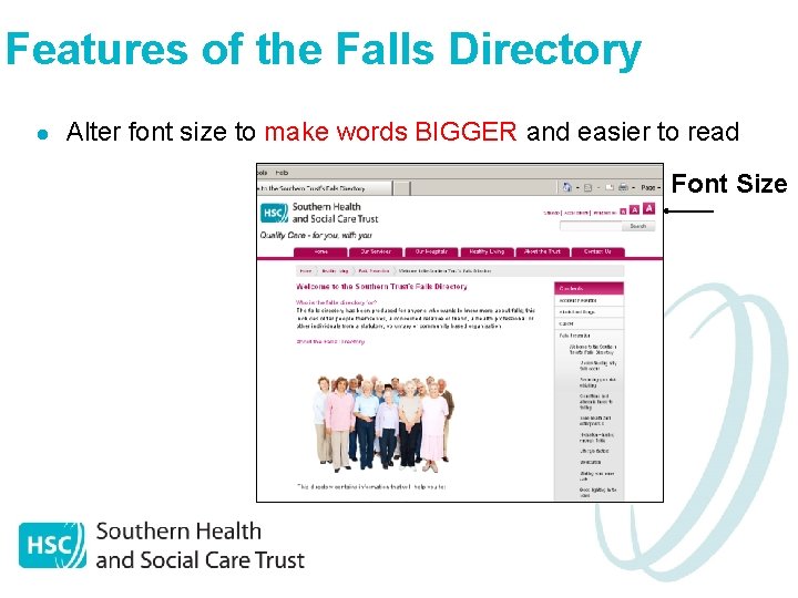 Features of the Falls Directory l Alter font size to make words BIGGER and