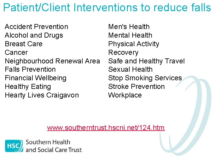Patient/Client Interventions to reduce falls Accident Prevention Alcohol and Drugs Breast Care Cancer Neighbourhood