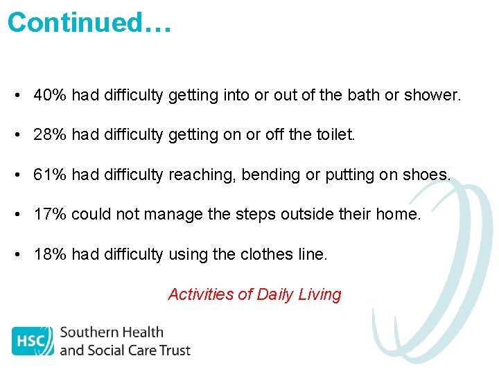 Continued… • 40% had difficulty getting into or out of the bath or shower.