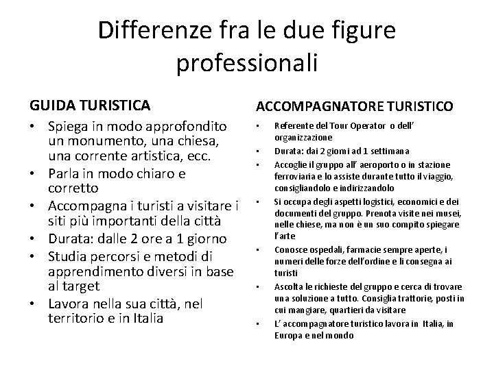 Differenze fra le due figure professionali GUIDA TURISTICA ACCOMPAGNATORE TURISTICO • Spiega in modo