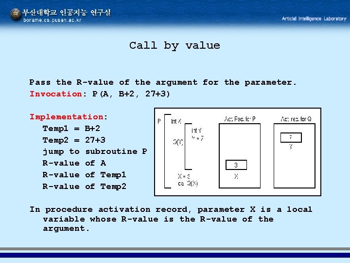 Call by value Pass the R-value of the argument for the parameter. Invocation: P(A,