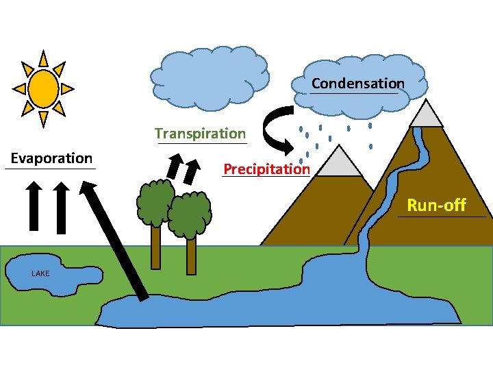 Condensation Transpiration Evaporation Precipitation Run-off LAKE 