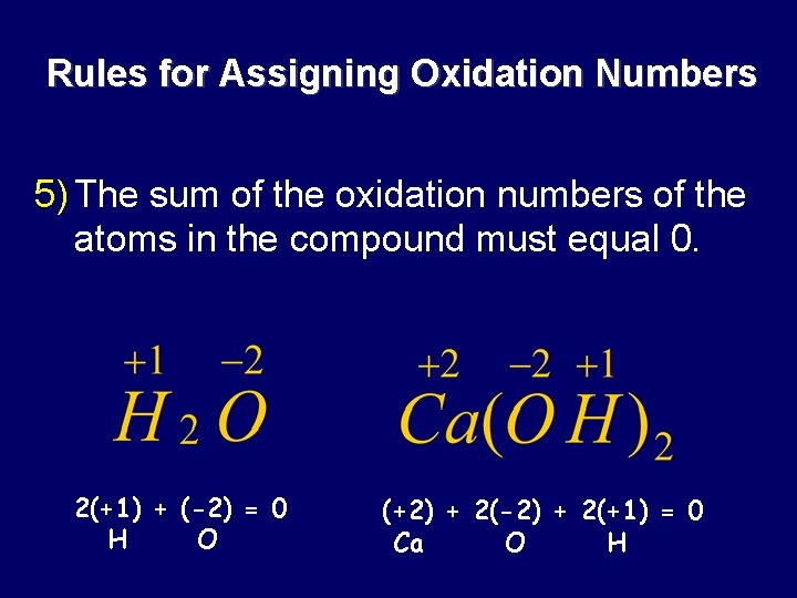 Rules for Assigning Oxidation Numbers 5) The sum of the oxidation numbers of the
