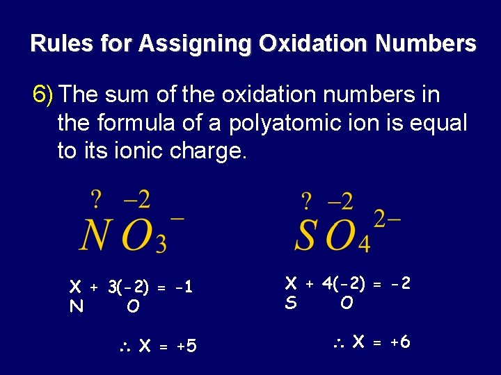 Rules for Assigning Oxidation Numbers 6) The sum of the oxidation numbers in the