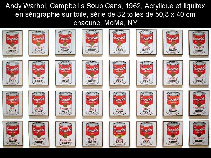 Andy Warhol, Campbell’s Soup Cans, 1962, Acrylique et liquitex en sérigraphie sur toile, série