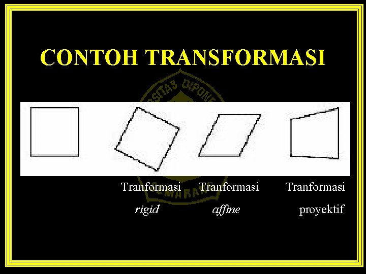 CONTOH TRANSFORMASI Tranformasi rigid Tranformasi affine Tranformasi proyektif 