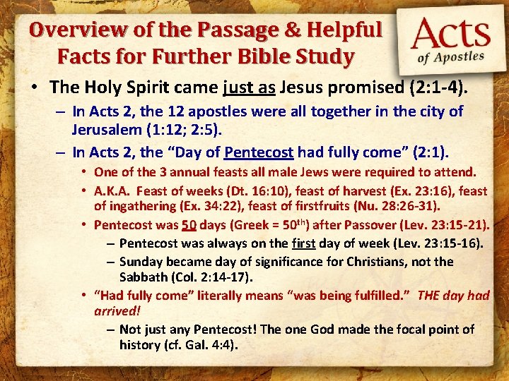 Overview of the Passage & Helpful Facts for Further Bible Study • The Holy