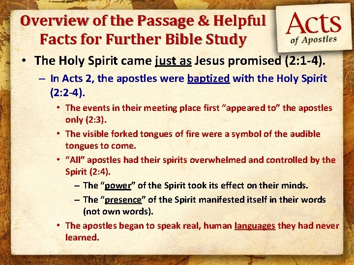 Overview of the Passage & Helpful Facts for Further Bible Study • The Holy