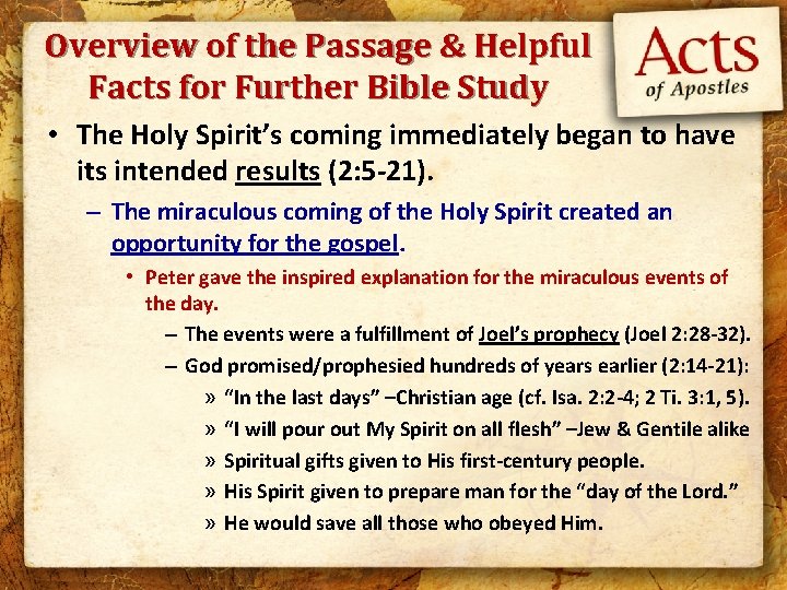 Overview of the Passage & Helpful Facts for Further Bible Study • The Holy