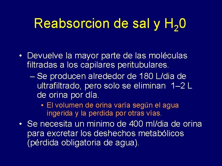 Reabsorcion de sal y H 20 • Devuelve la mayor parte de las moléculas