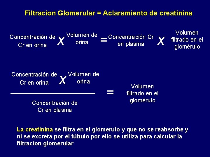 Filtracion Glomerular = Aclaramiento de creatinina Concentración de Cr en orina x Volumen de