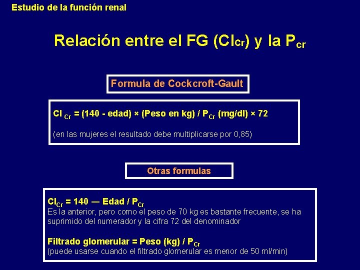 Estudio de la función renal Relación entre el FG (Cl. Cr) y la Pcr