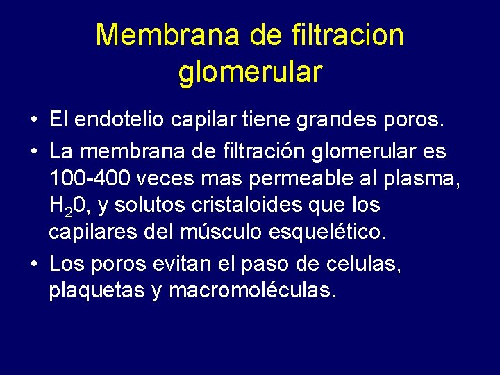 Membrana de filtracion glomerular • El endotelio capilar tiene grandes poros. • La membrana